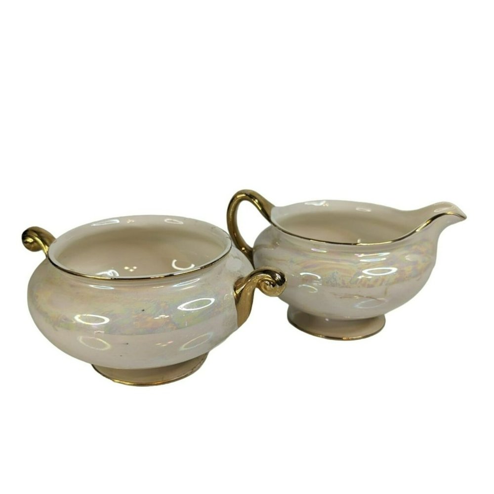 Homer Laughlin Nautilus Eggshell Creamer and Open Sugar Bowl 1940s Gold Trim